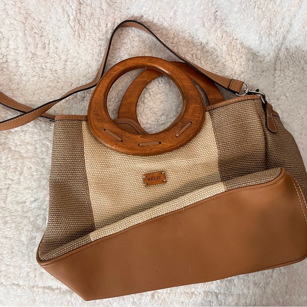 Relic Summer Wooden Circle Handles Crossbody Purse Bag Tan Khaki Woven Resort